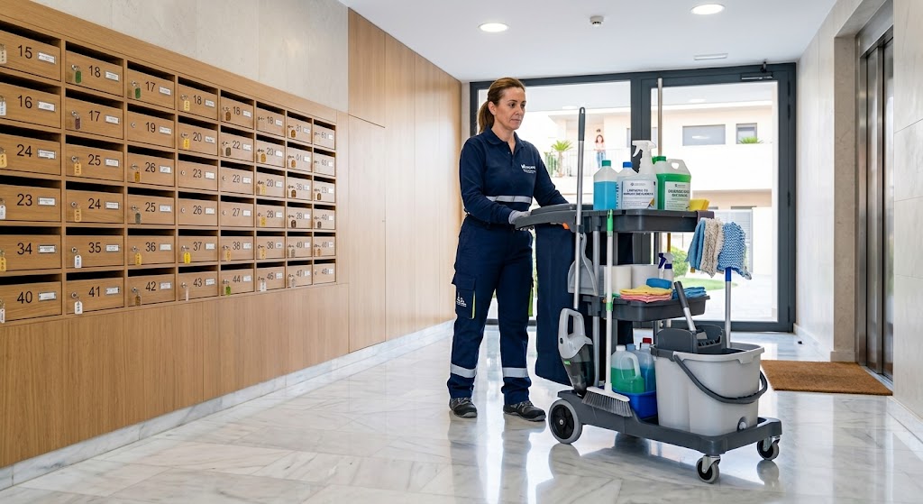 Equipo de limpieza profesional en un portal de comunidad de vecinos en Sevilla